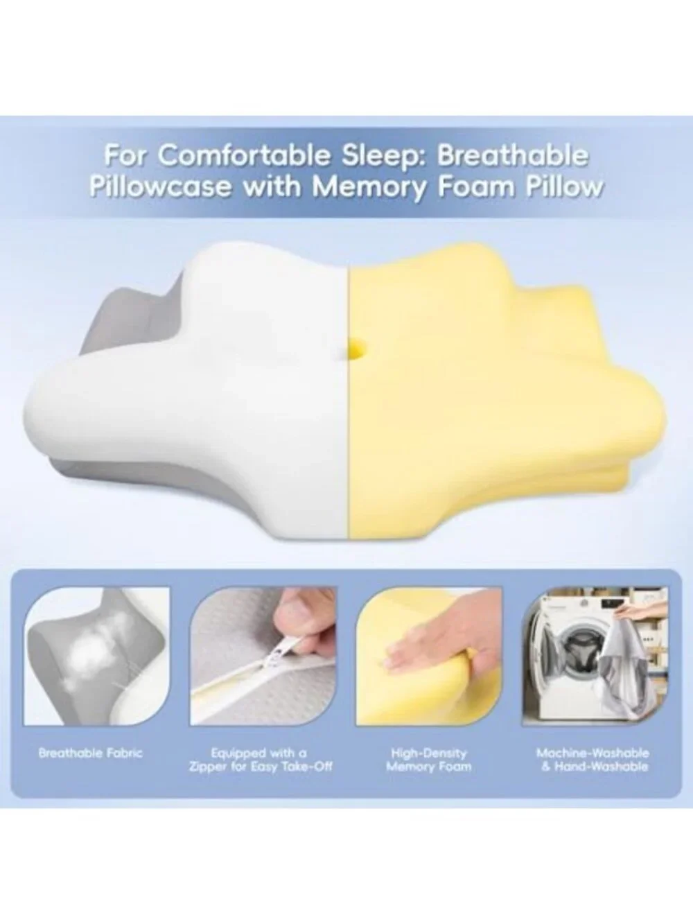 Ergonomic Memory Foam Neck Pillow for Pain Relief, 2 Heights, Ice Silk Cover